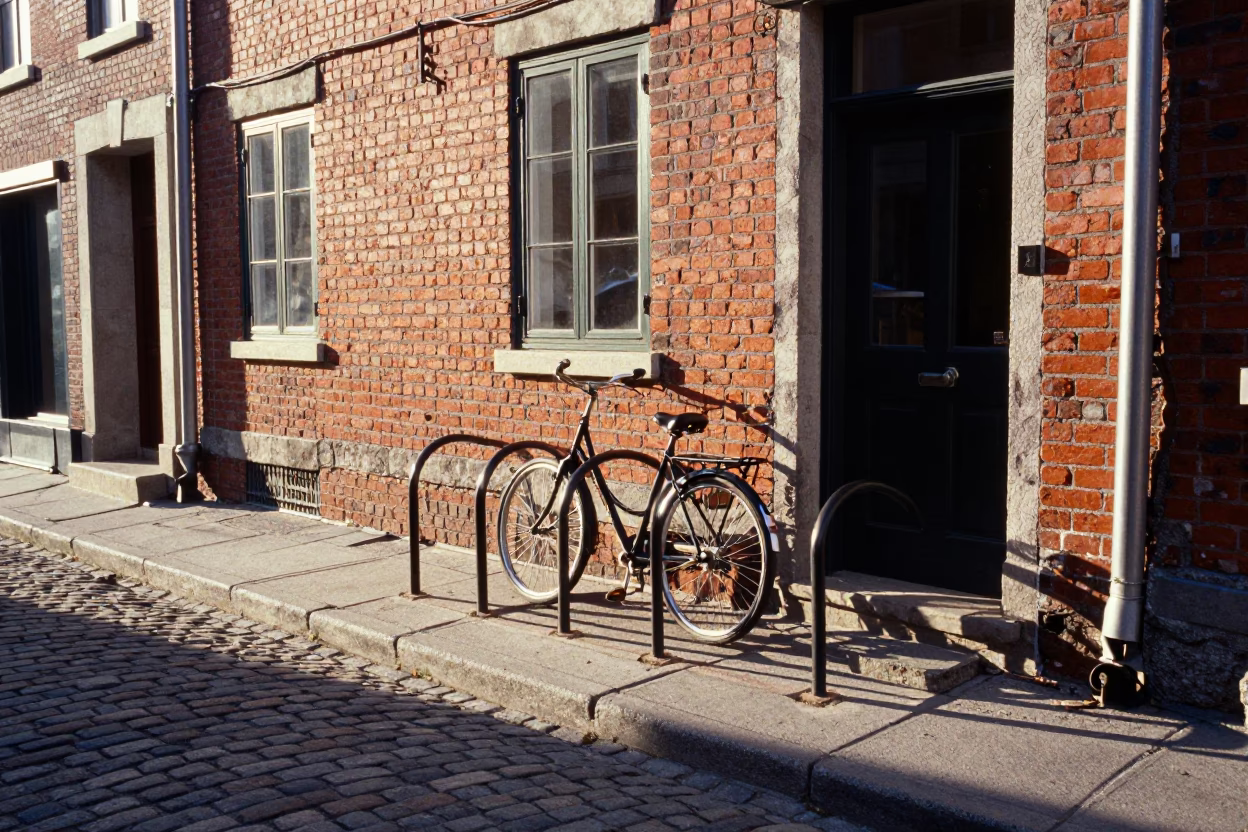 Late Afternoon Street Scene in Quebec City with Vintage Bicycle Rack and Brick Architecture in in Quebec City, Quebec, Canada