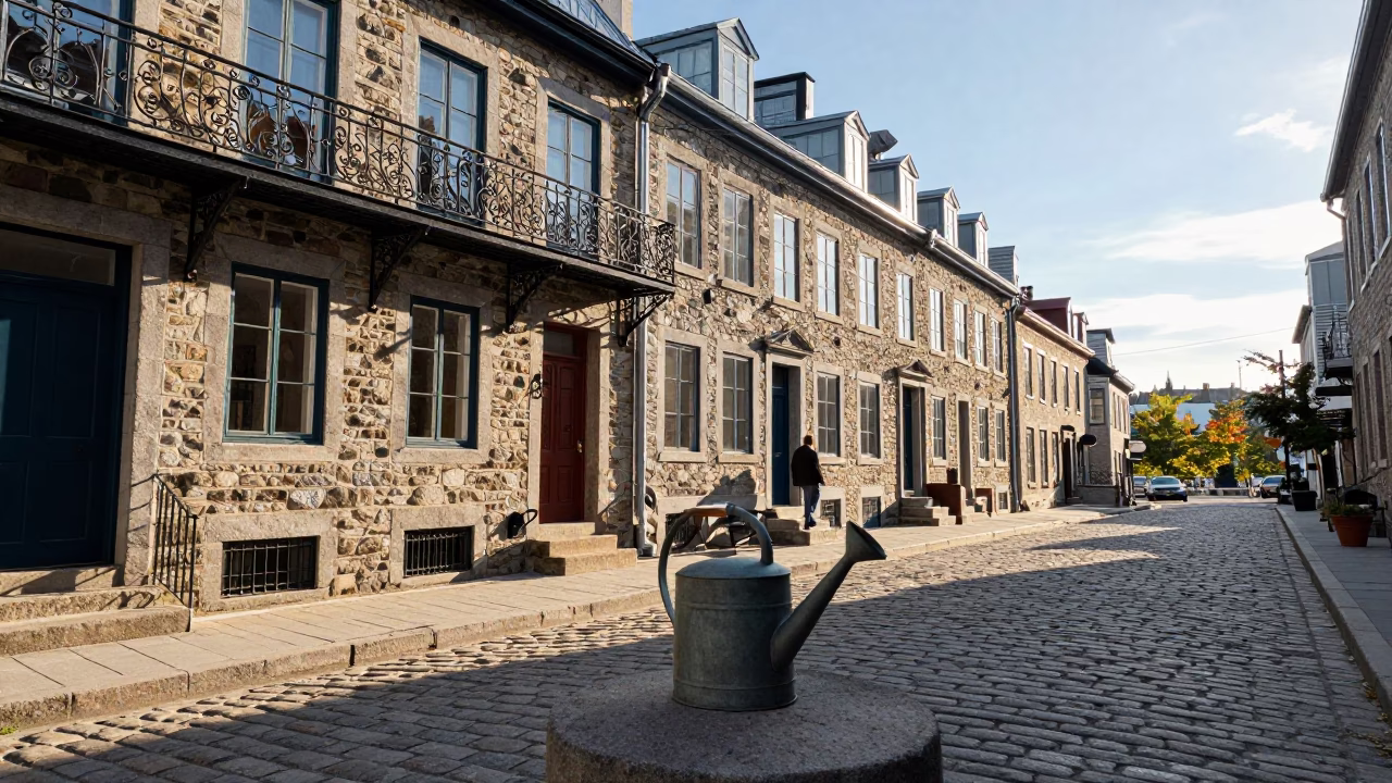 Late Afternoon Street Scene in Quebec City with Vintage Watering Can and Stone Architecture in in Quebec City, Quebec, Canada