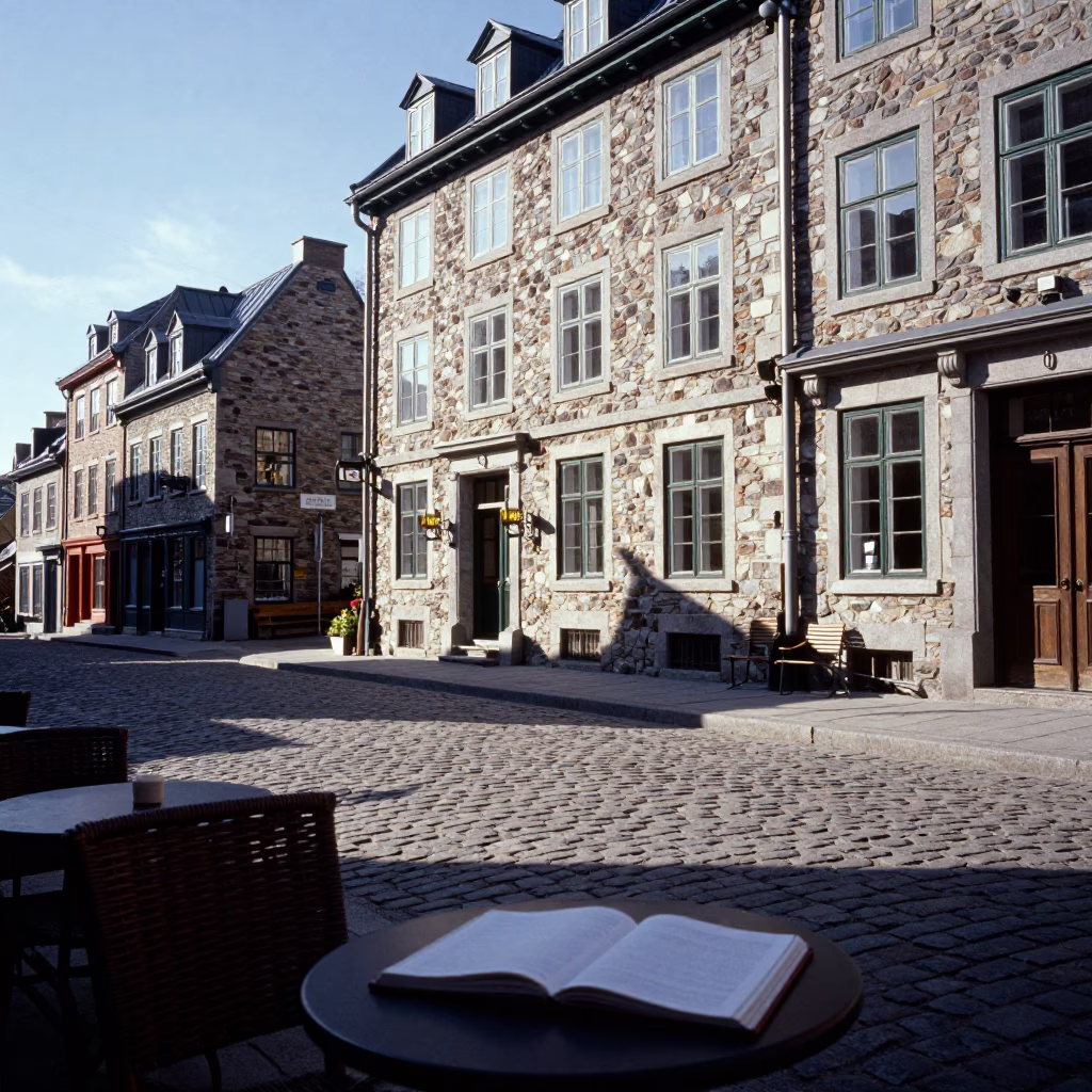 Late Afternoon Street Scene in Quebec City with Wicker Shadow and Ledger in in Quebec City, Quebec, Canada