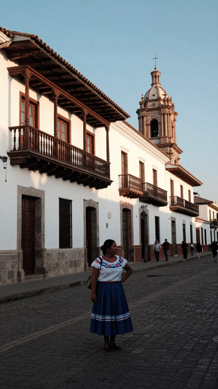 Late Afternoon Street Scene in Quito Ecuador with Colonial Architecture and Local Life in in Quito, Ecuador
