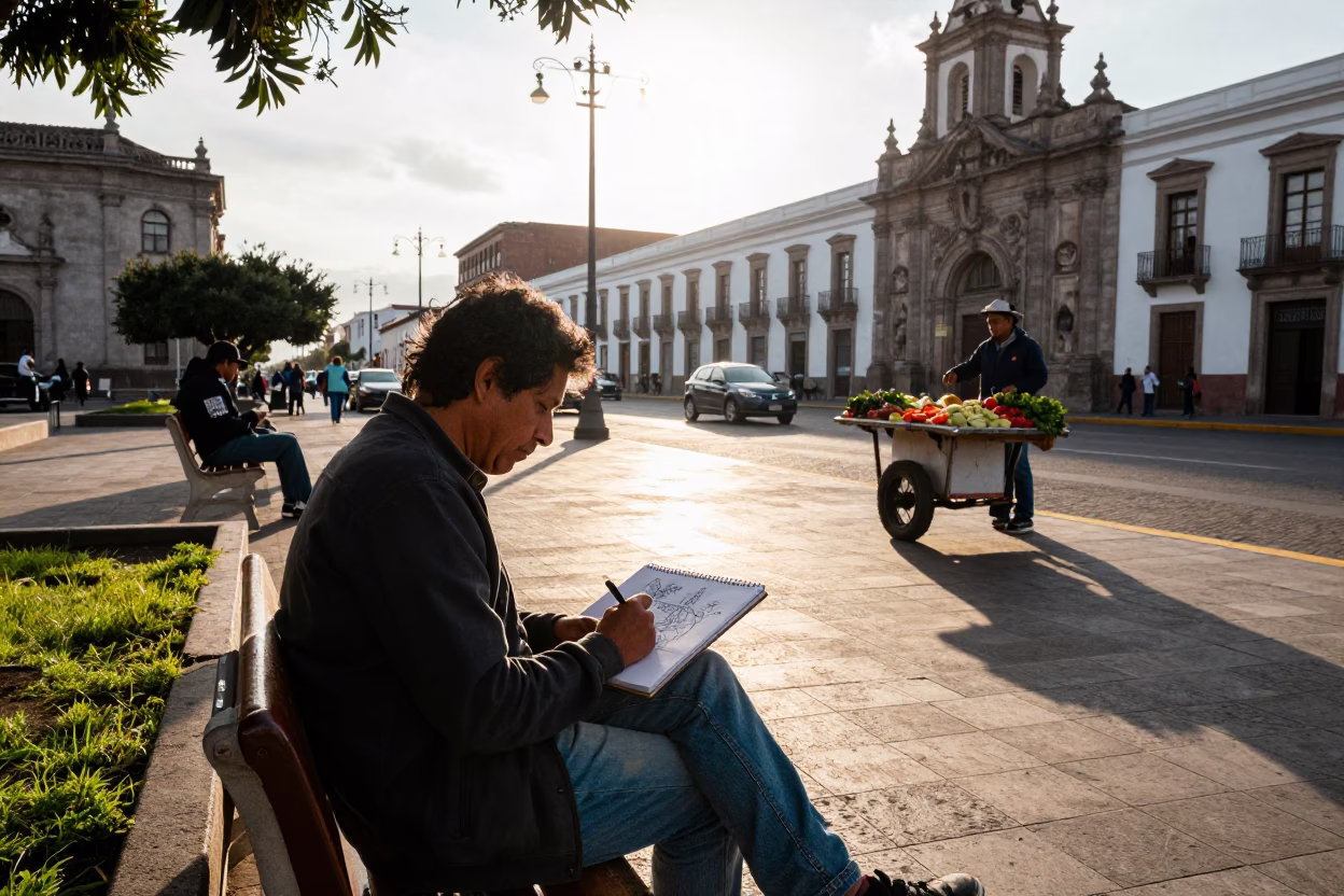 Late Afternoon Street Scene in Quito Ecuador with Sketchbook and Urban Life in in Quito, Ecuador