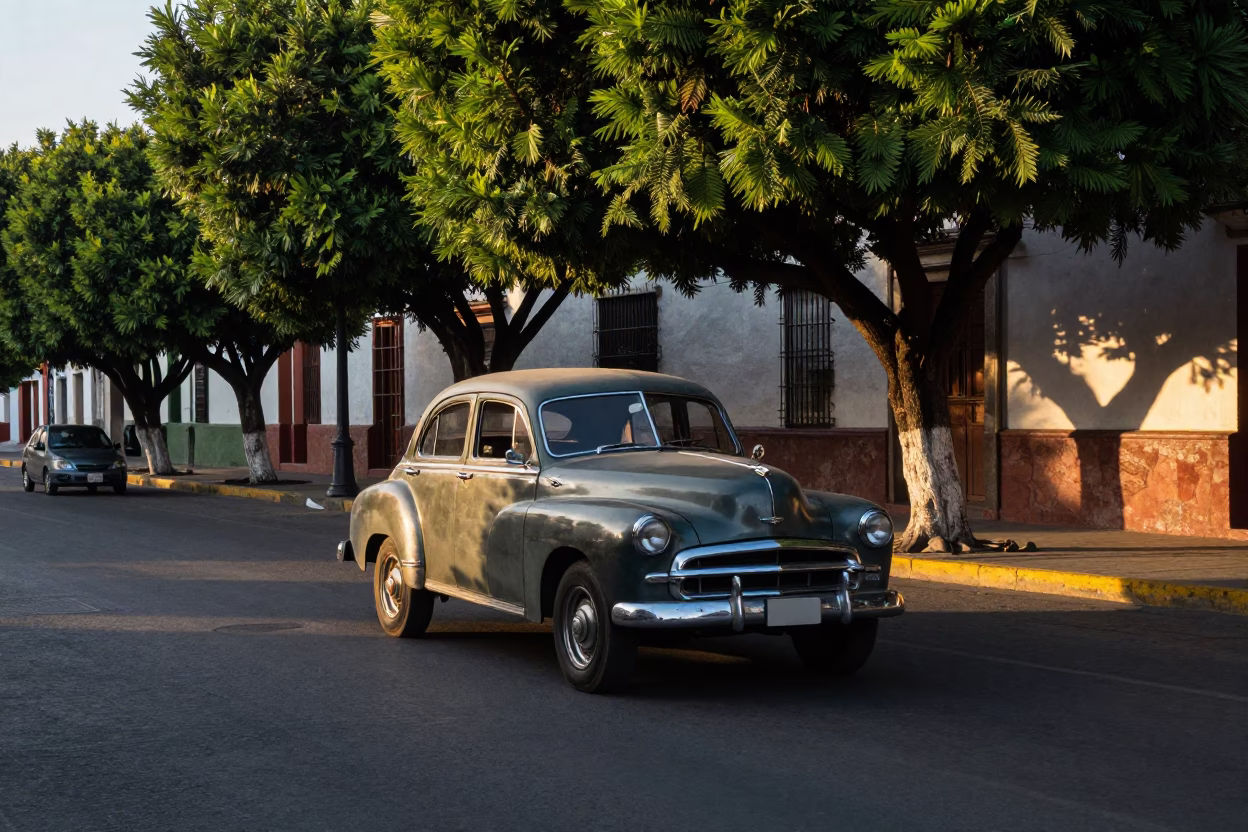 Late Afternoon Street Scene in Quito Ecuador with Vintage Car and Tree in in Quito, Ecuador