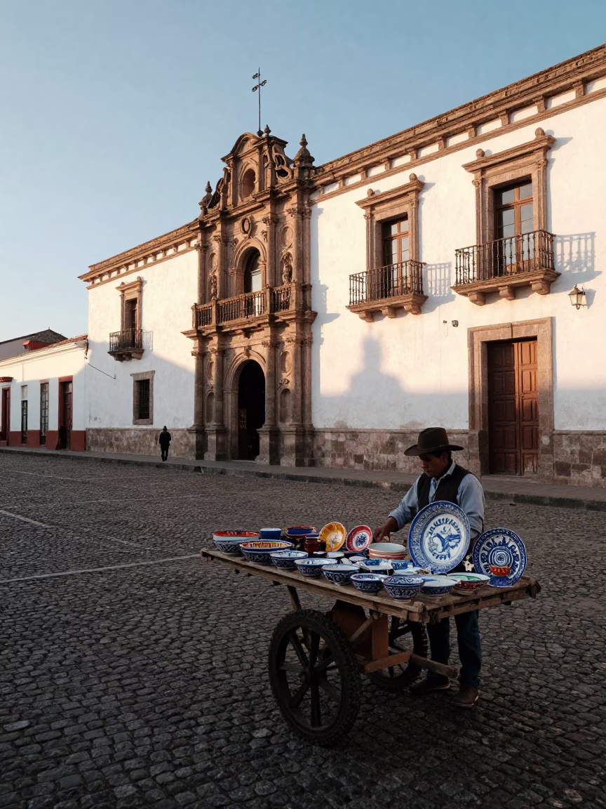 Late Afternoon Street Scene in Quito Ecuador with Vintage Majolica Plate and Nail Brush in in Quito, Ecuador