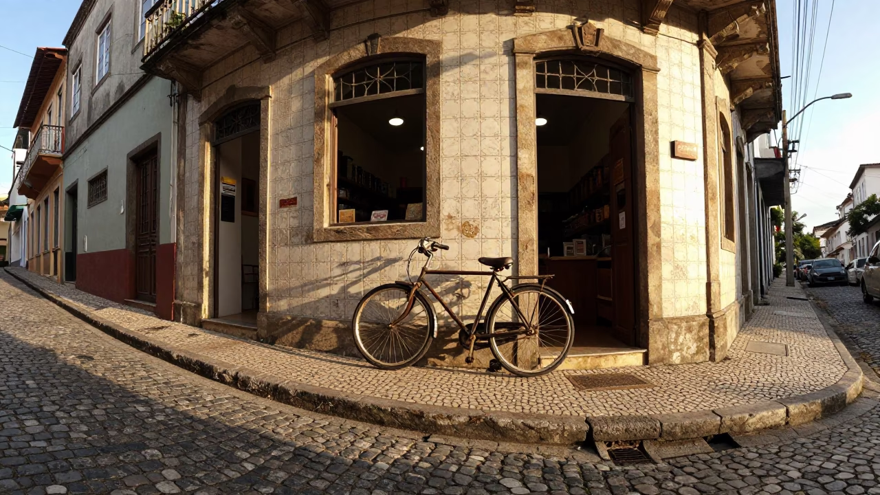 Late Afternoon Street Scene in Rio de Janeiro Brazil with Bicycle and Bakery in in Rio de Janeiro, Brazil