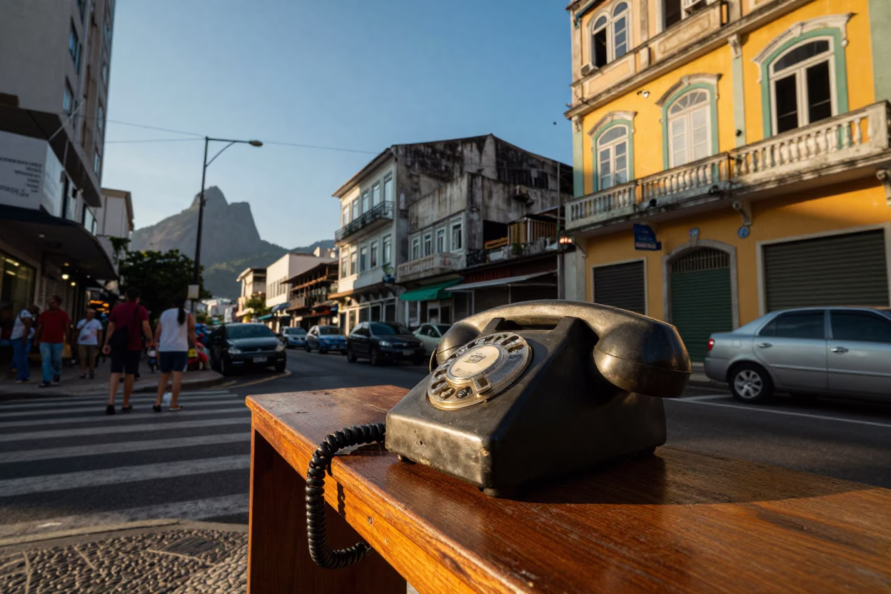 Late Afternoon Street Scene in Rio de Janeiro Brazil with Vintage Bakelite Telephone in in Rio de Janeiro, Brazil