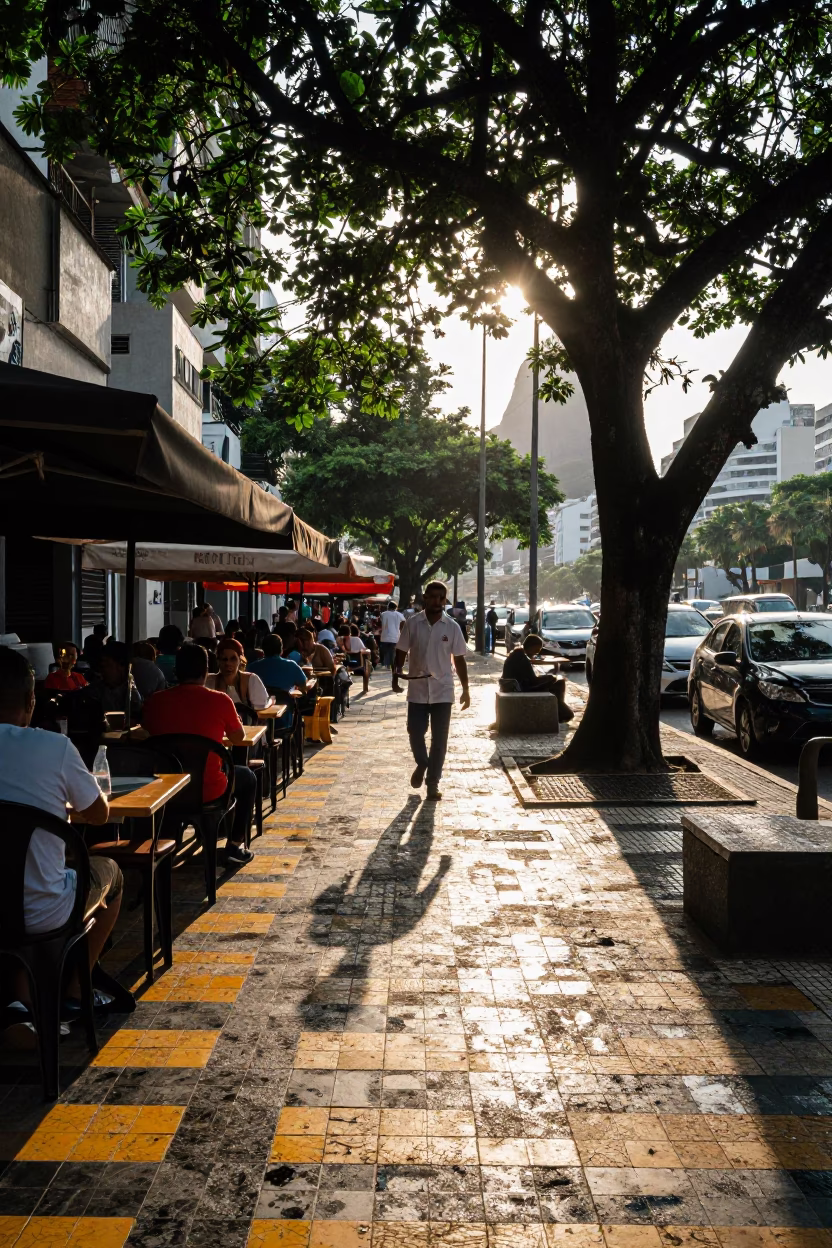 Late Afternoon Street Scene in Rio de Janeiro with Condensation on a Beverage Runner in in Rio de Janeiro, Brazil