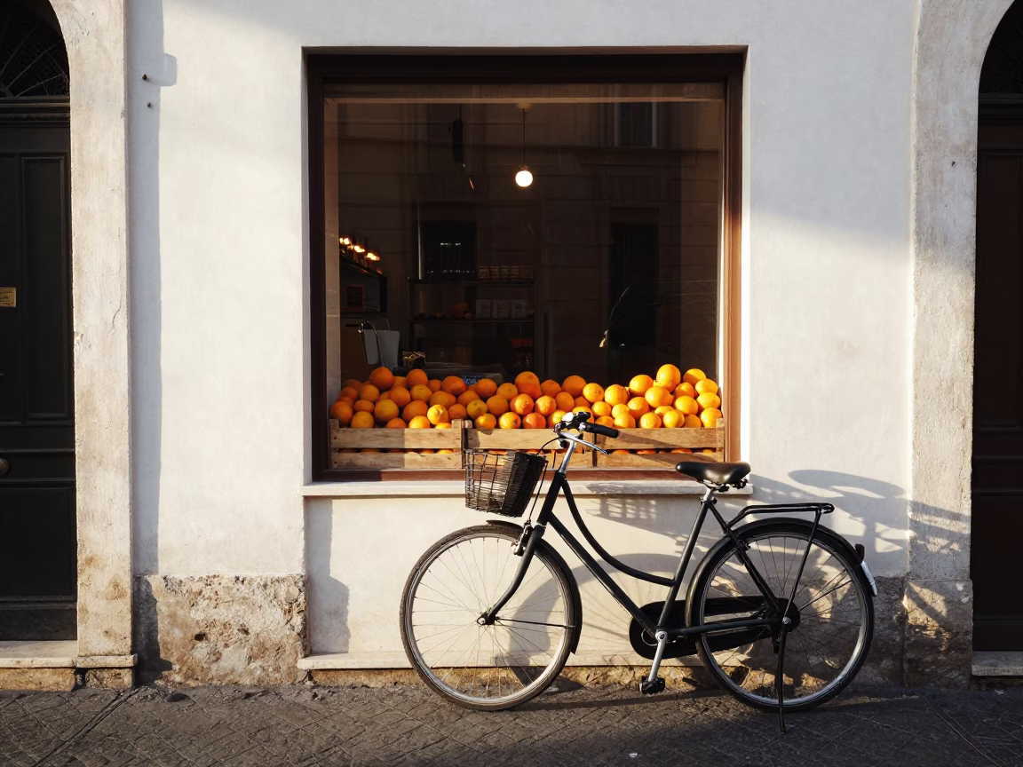 Late Afternoon Street Scene in Rome Italy with Bicycle and Bakery in in Rome, Italy