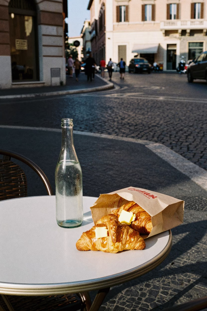 Late Afternoon Street Scene in Rome Italy with Bottle and Fresh Croissants in in Rome, Italy
