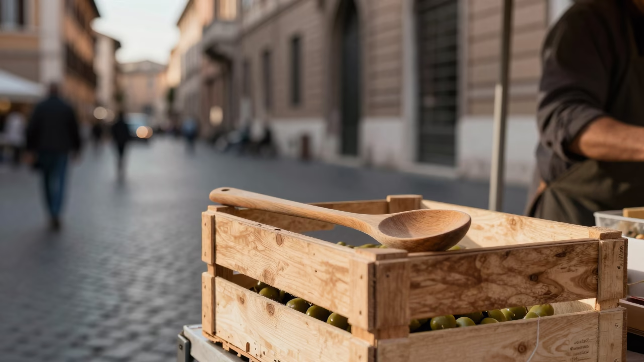 Late Afternoon Street Scene in Rome Italy with Olive Wood Spoon and Marble Details in in Rome, Italy