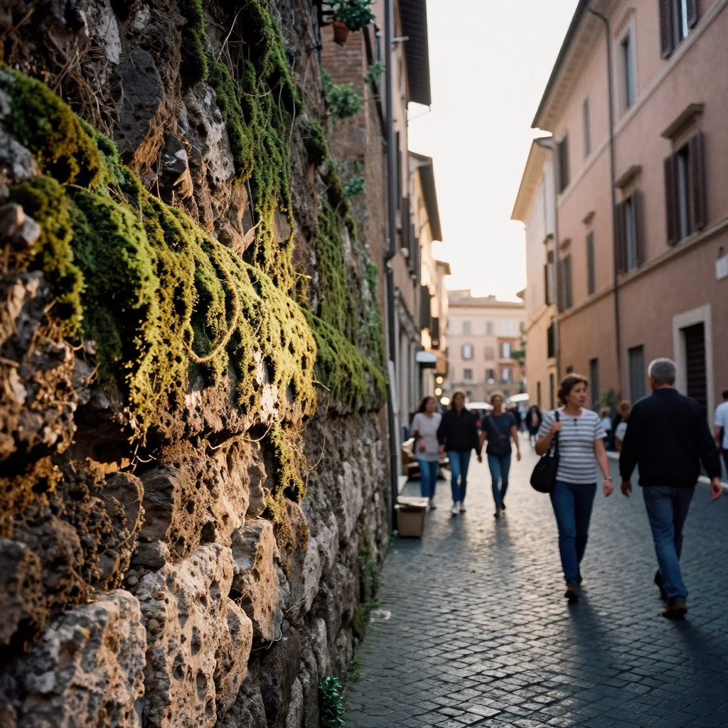 Late Afternoon Street Scene in Rome Italy with Stone Wall Moss and Sunflowers in in Rome, Italy