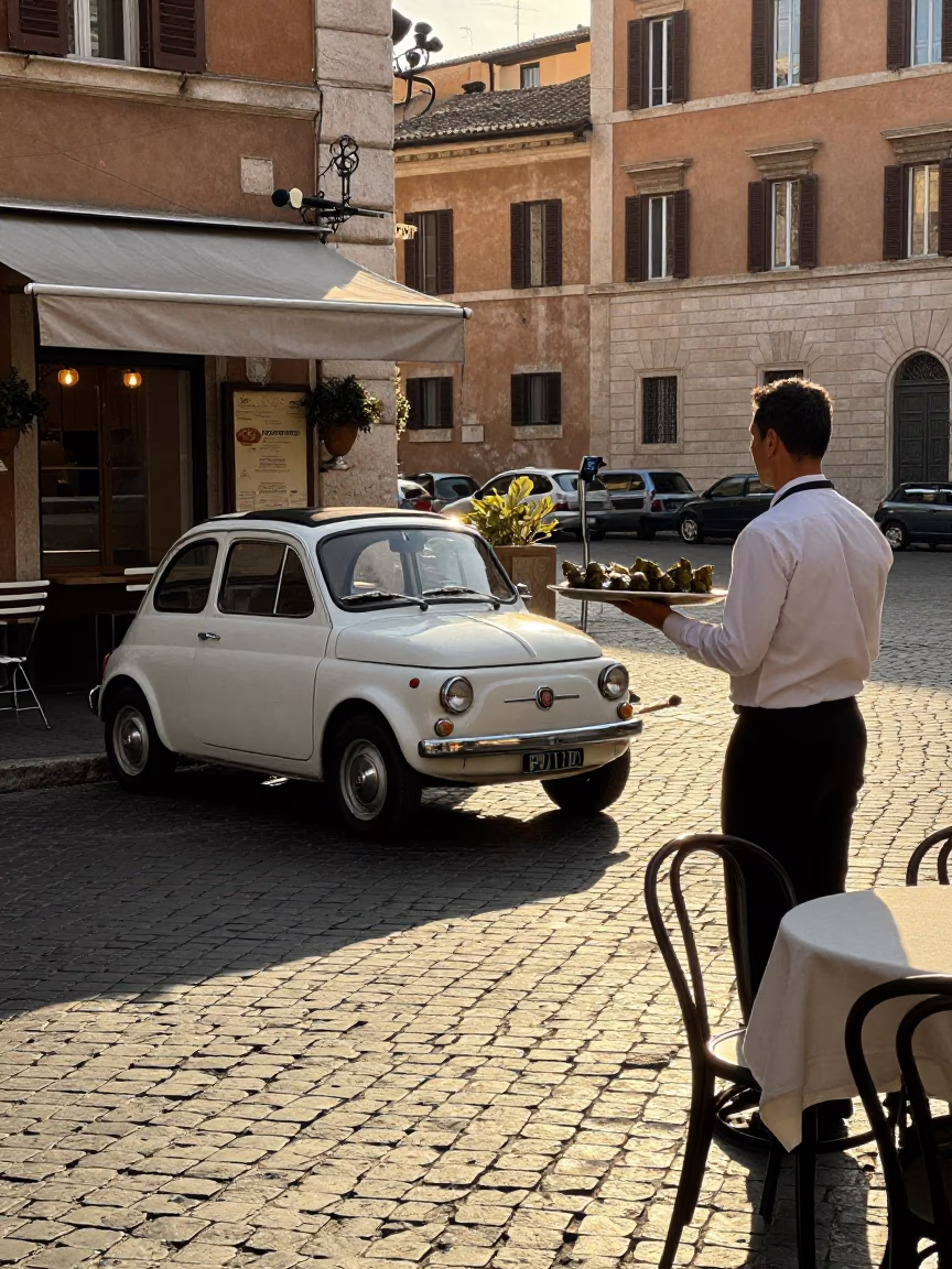 Late Afternoon Street Scene in Rome Italy with Vintage 1970s Vibe and Local Details in in Rome, Italy
