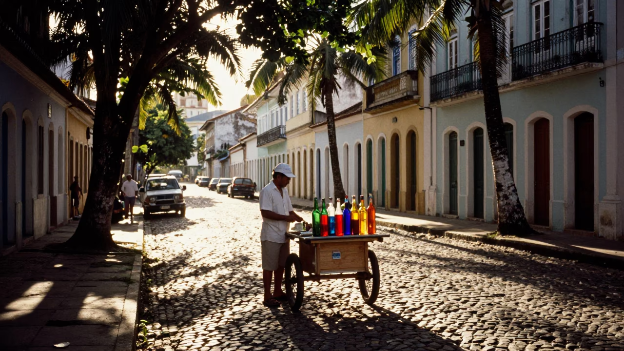 Late Afternoon Street Scene in Salvador Brazil with Colored Glass Bottle and Wall Sconce in in Salvador, Brazil