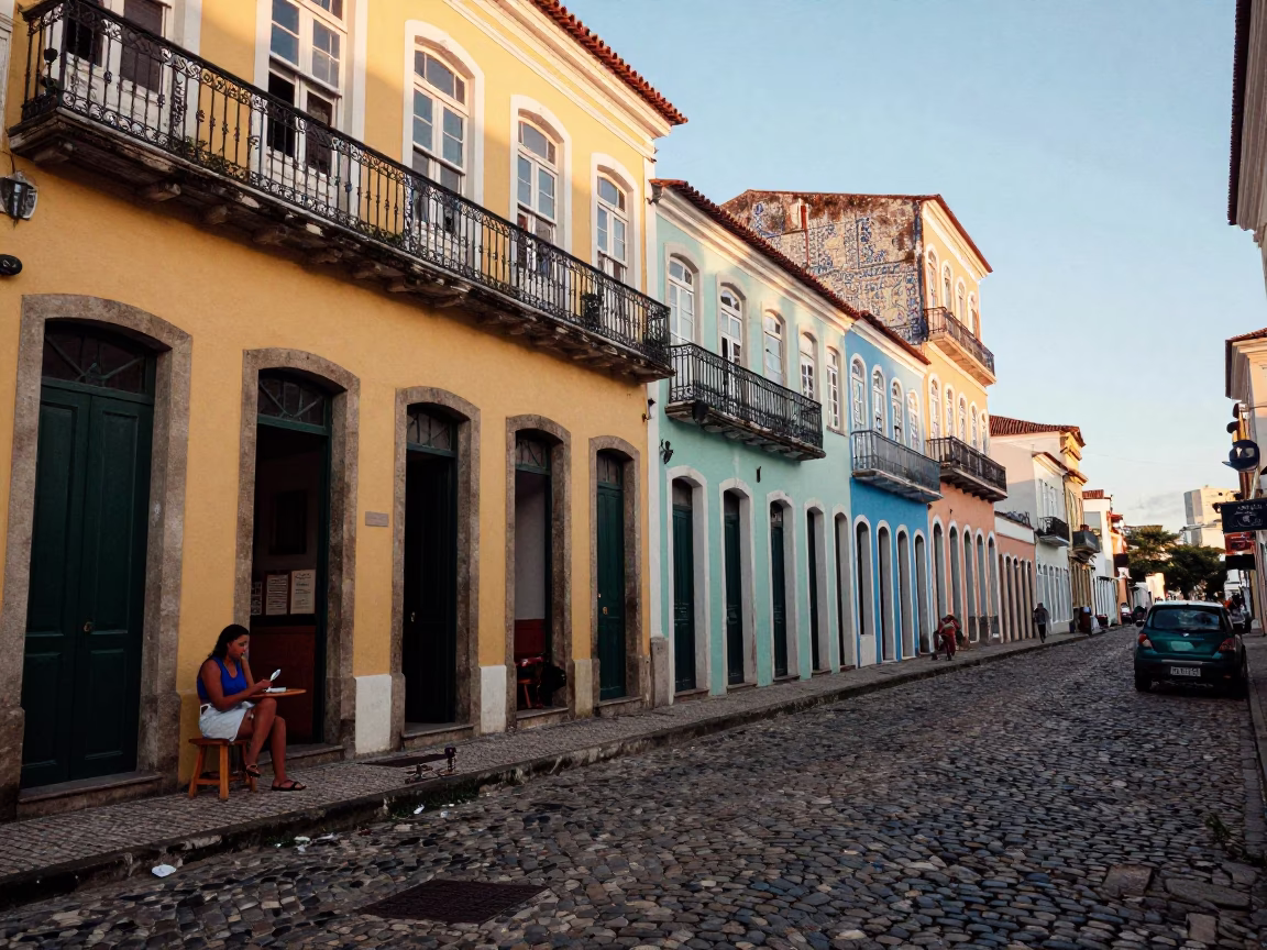 Late Afternoon Street Scene in Salvador Brazil with Colorful Architecture and Local Dining in in Salvador, Brazil