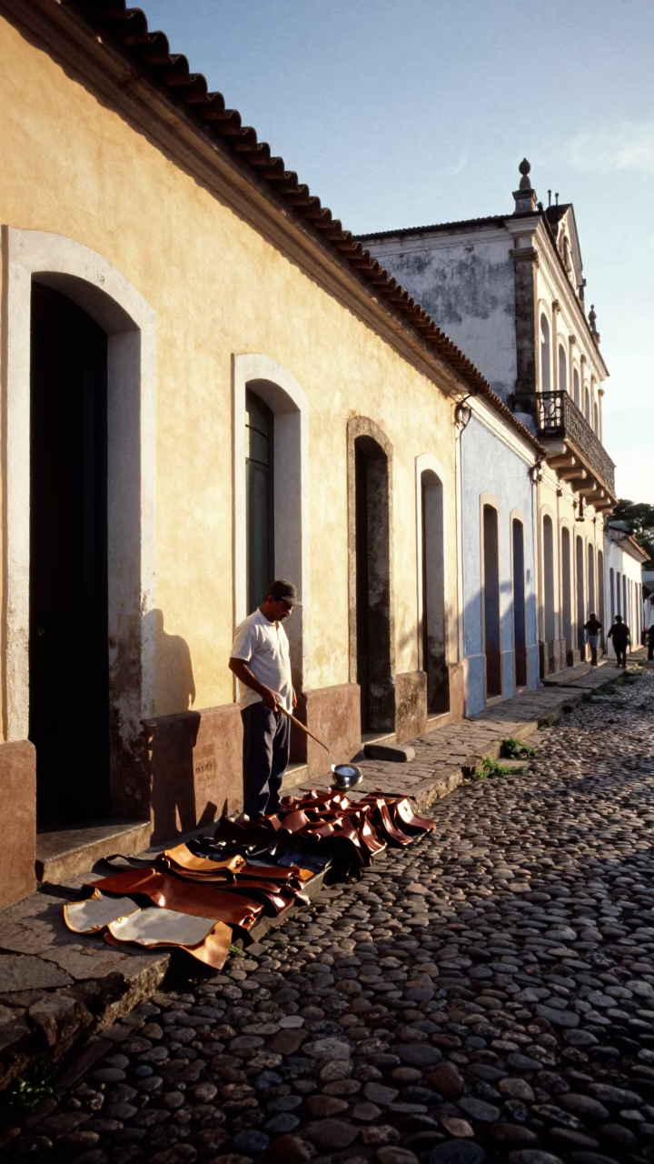 Late Afternoon Street Scene in Salvador Brazil with Ladle and Leather Goods in in Salvador, Brazil
