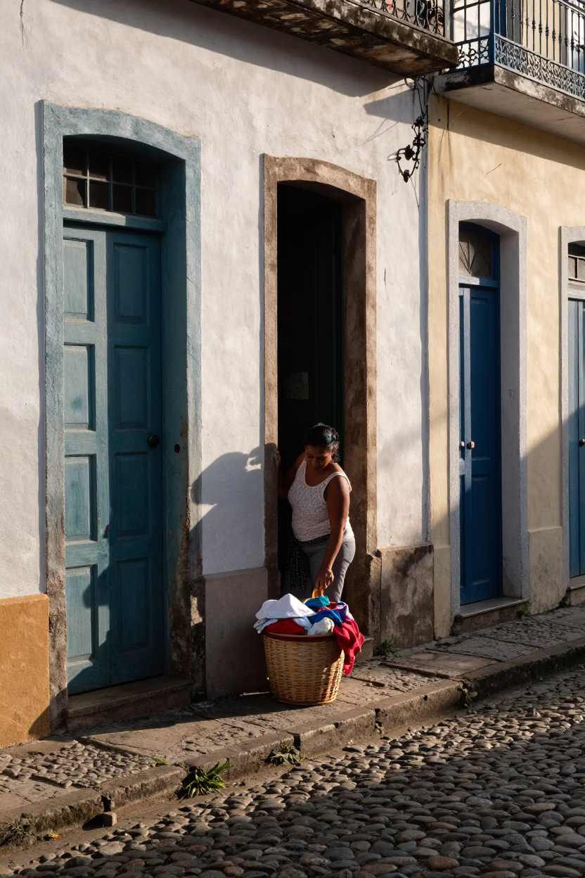 Late Afternoon Street Scene in Salvador Brazil with Laundry Basket and Pegboard Hook in in Salvador, Brazil