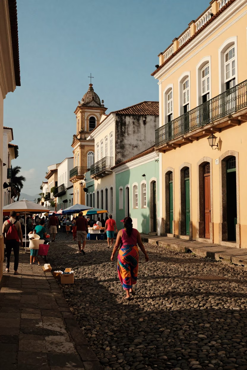 Late Afternoon Street Scene in Salvador Brazil with Local Market Activity and Traditional Elements in in Salvador, Brazil