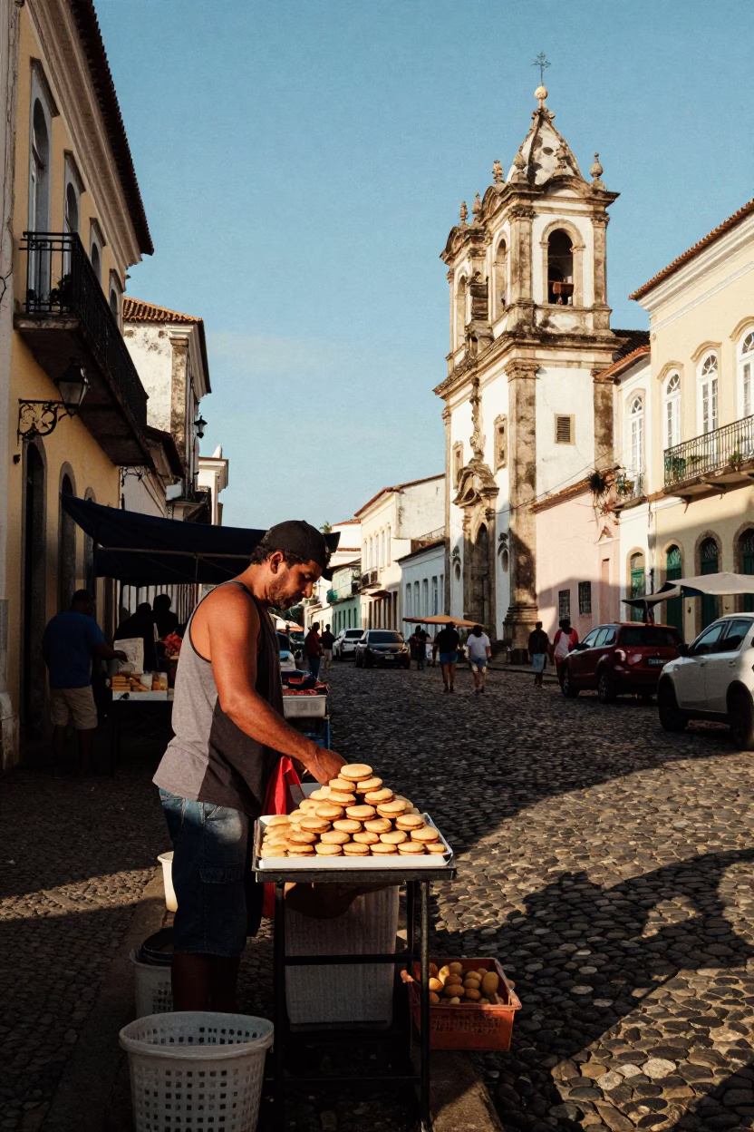 Late Afternoon Street Scene in Salvador Brazil with Local Market Elements in in Salvador, Brazil