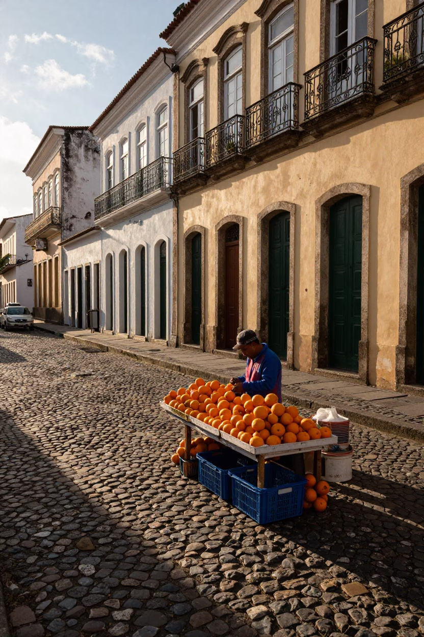 Late Afternoon Street Scene in Salvador Brazil with Oranges and Heritage Architecture in in Salvador, Brazil
