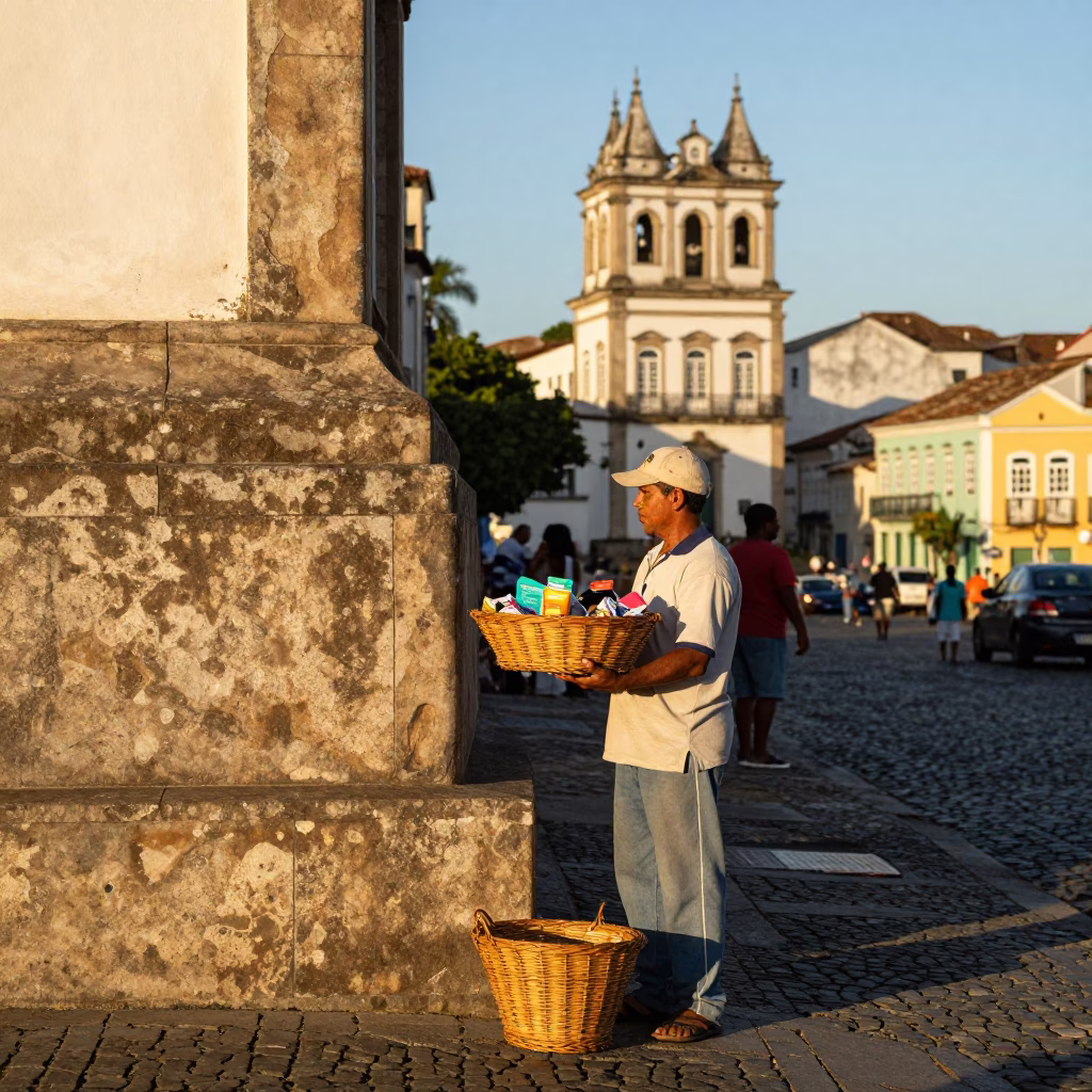 Late Afternoon Street Scene in Salvador Brazil with Wicker Basket and Glass Tumbler in in Salvador, Brazil