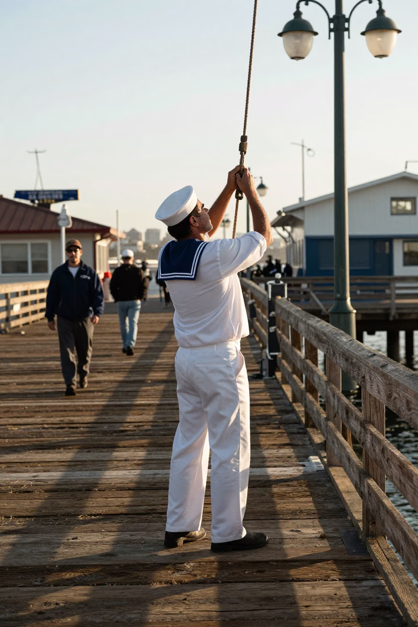 Late Afternoon Street Scene in San Diego California with Sailor Adjusting Rigging in in San Diego, California, United States