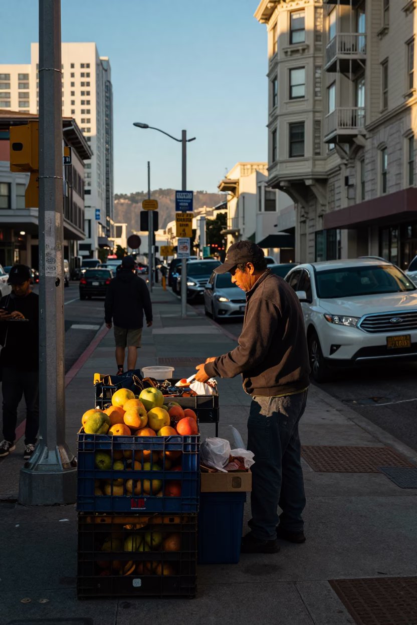 Late Afternoon Street Scene in San Francisco with Fruit Crate and Rosemary Sprigs in in San Francisco, California, United States