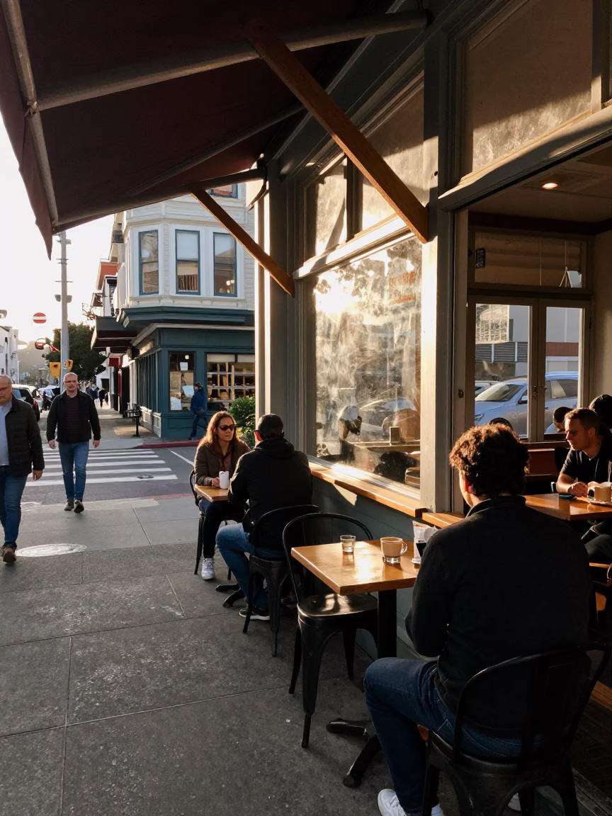 Late Afternoon Street Scene in San Francisco with Sunlight and Casual Diners in in San Francisco, California, United States