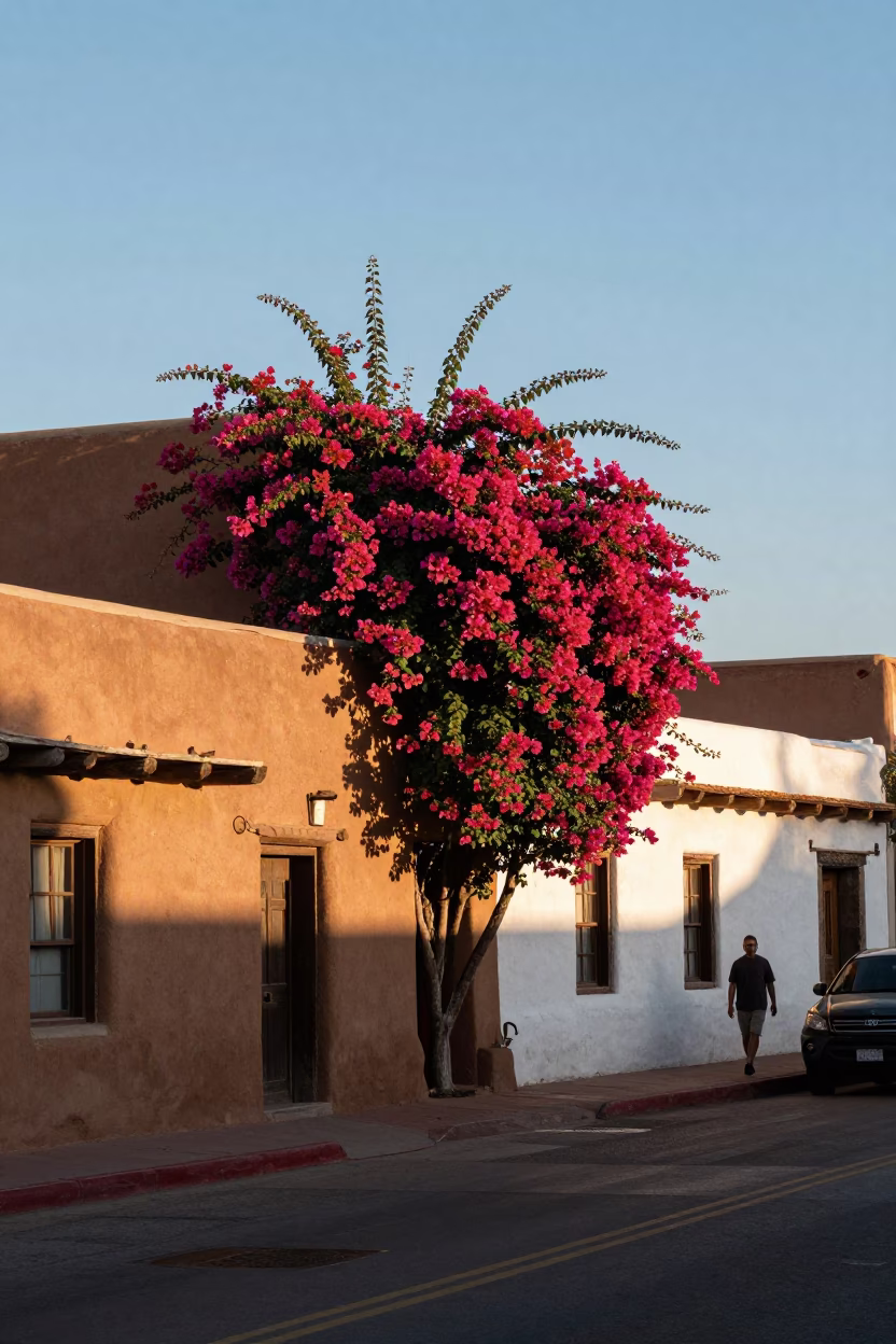 Late Afternoon Street Scene in Santa Fe New Mexico with Bougainvillea and Adobe Architecture in in Santa Fe, New Mexico, United States