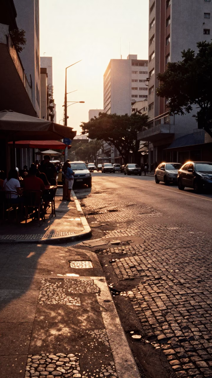 Late Afternoon Street Scene in São Paulo Brazil with Cobblestone and Urban Life in in São Paulo, Brazil