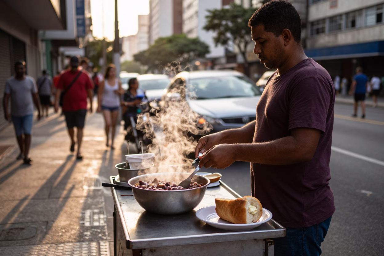 Late Afternoon Street Scene in São Paulo Brazil with Food and Urban Life in in São Paulo, Brazil