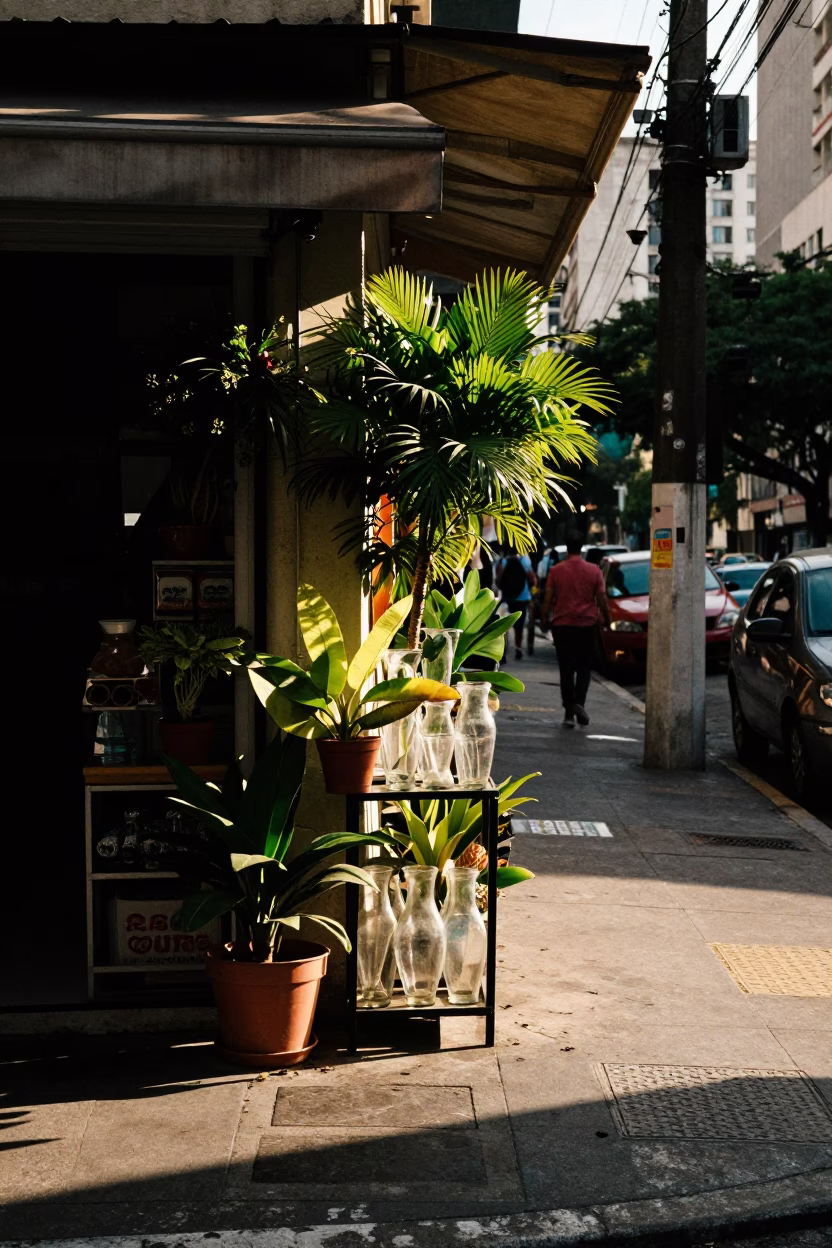 Late Afternoon Street Scene in São Paulo Brazil with Houseplant and Glass Vases in in São Paulo, Brazil