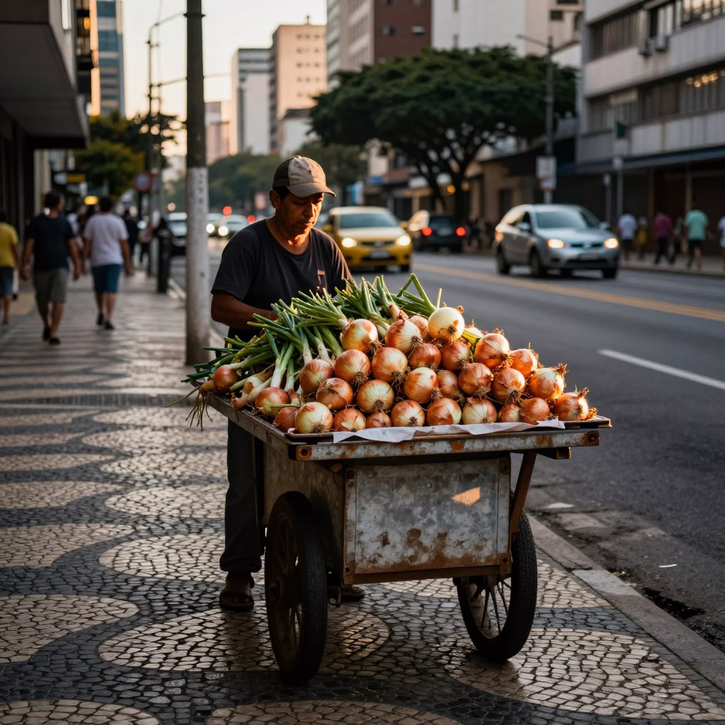 Late Afternoon Street Scene in São Paulo Brazil with Onions and Urban Architecture in in São Paulo, Brazil