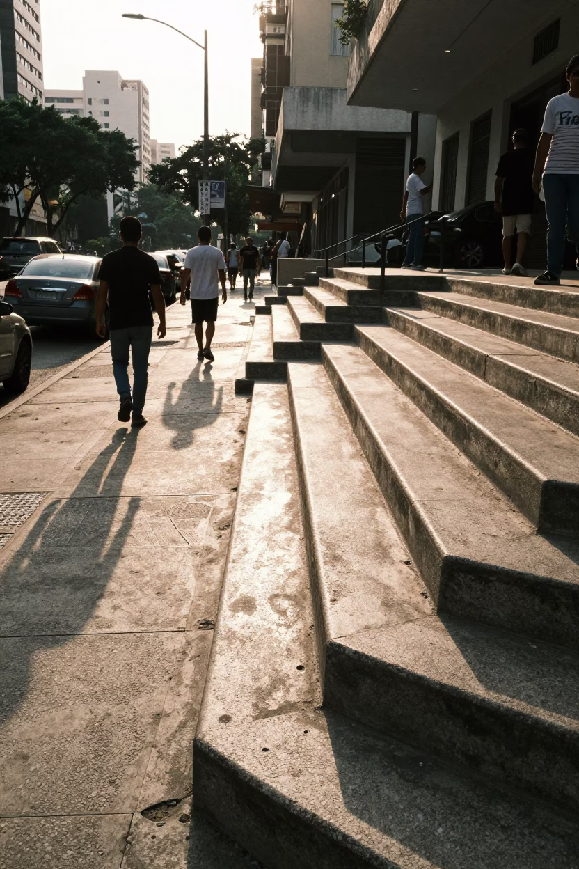 Late Afternoon Street Scene in São Paulo Brazil with Polished Concrete Staircase in in São Paulo, Brazil