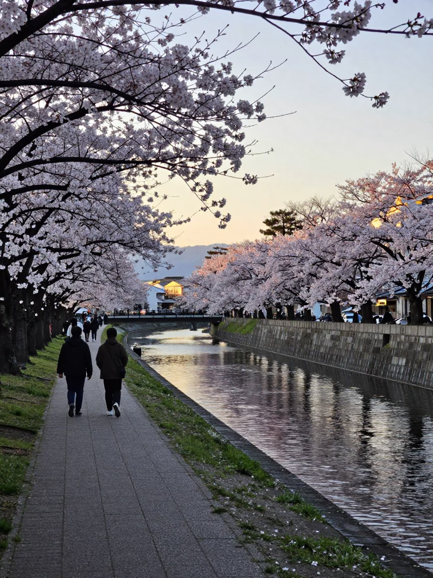 Late Afternoon Street Scene in Sapporo Japan with Cherry Trees and Canal in in Sapporo, Japan