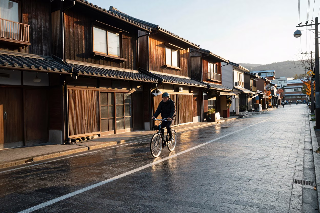Late Afternoon Street Scene in Sapporo Japan with Cyclist in in Sapporo, Japan