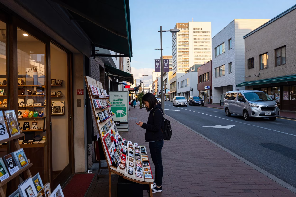 Late Afternoon Street Scene in Sapporo Japan with Local Commerce and Charm Bracelet Detail in in Sapporo, Japan