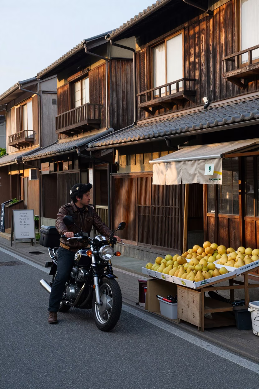 Late Afternoon Street Scene in Sapporo Japan with Motorcyclist and Pears in in Sapporo, Japan