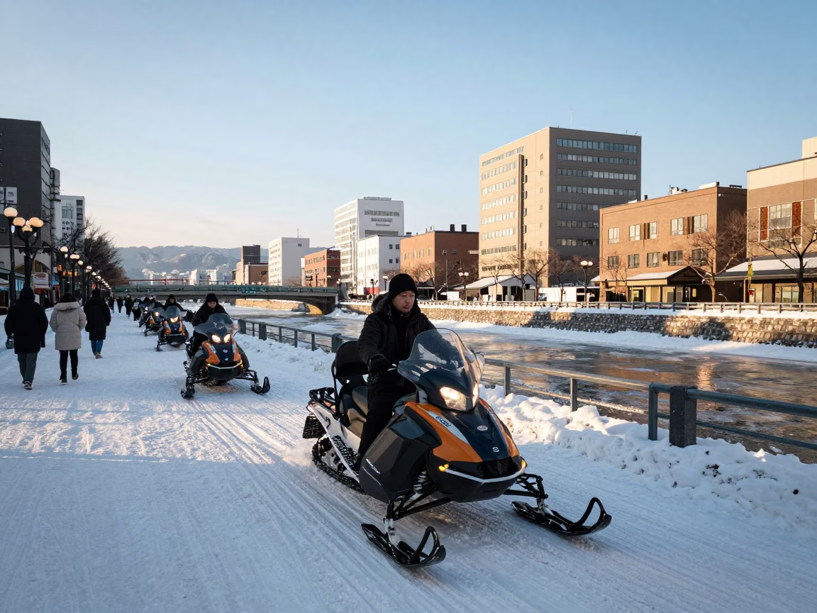 Late Afternoon Street Scene in Sapporo Japan with Snowmobile and Lanterns in in Sapporo, Japan