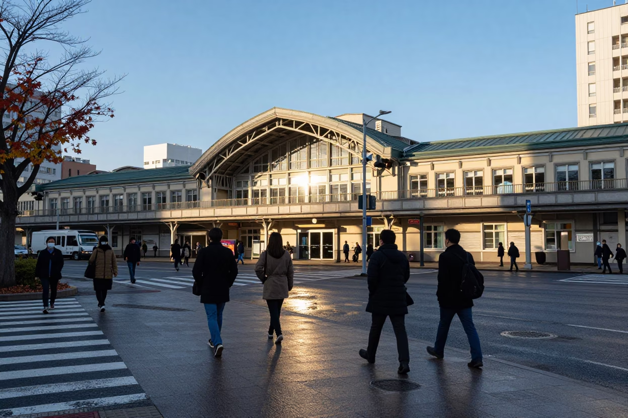Late Afternoon Street Scene in Sapporo Japan with Train Station and Glass Architecture in in Sapporo, Japan