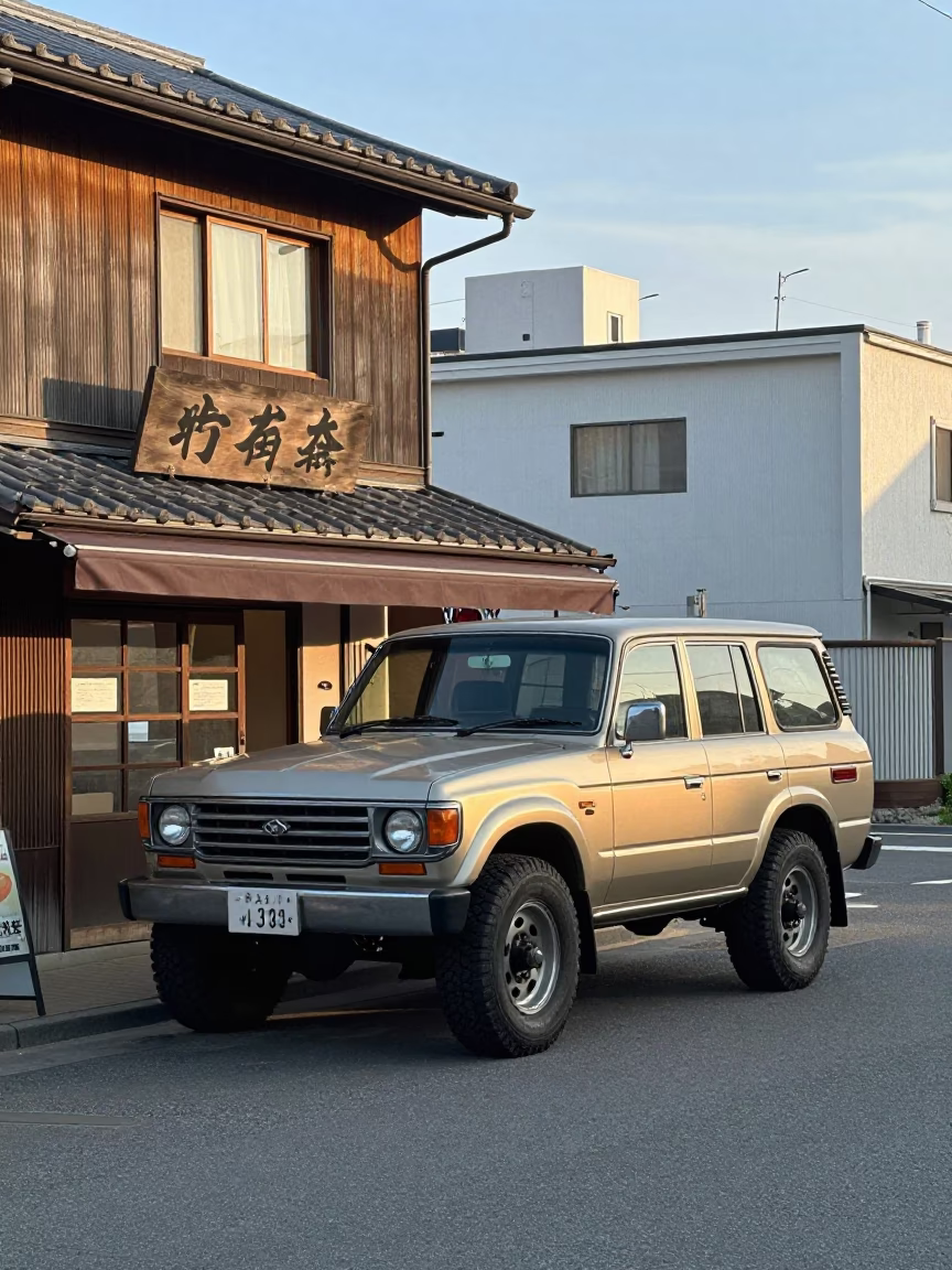 Late Afternoon Street Scene in Sapporo Japan with Vintage SUV and Local Shop in in Sapporo, Japan