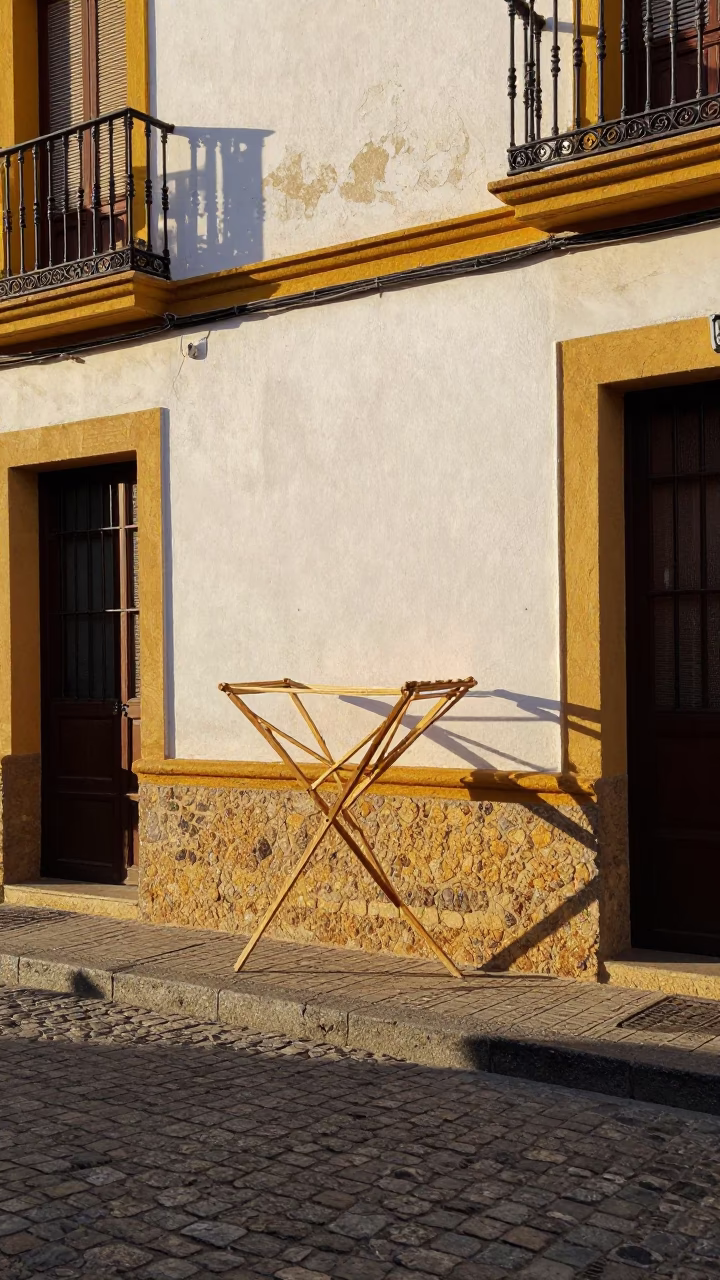 Late Afternoon Street Scene in Seville Spain with Drying Rack and Clay Teapot in in Seville, Spain