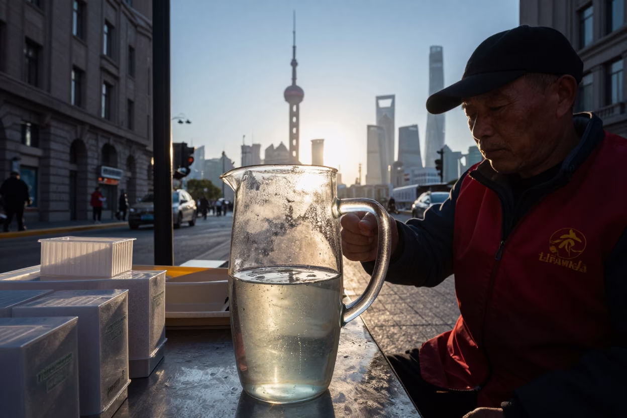 Late Afternoon Street Scene in Shanghai China with Condensation on Glass and Apples in in Shanghai, China