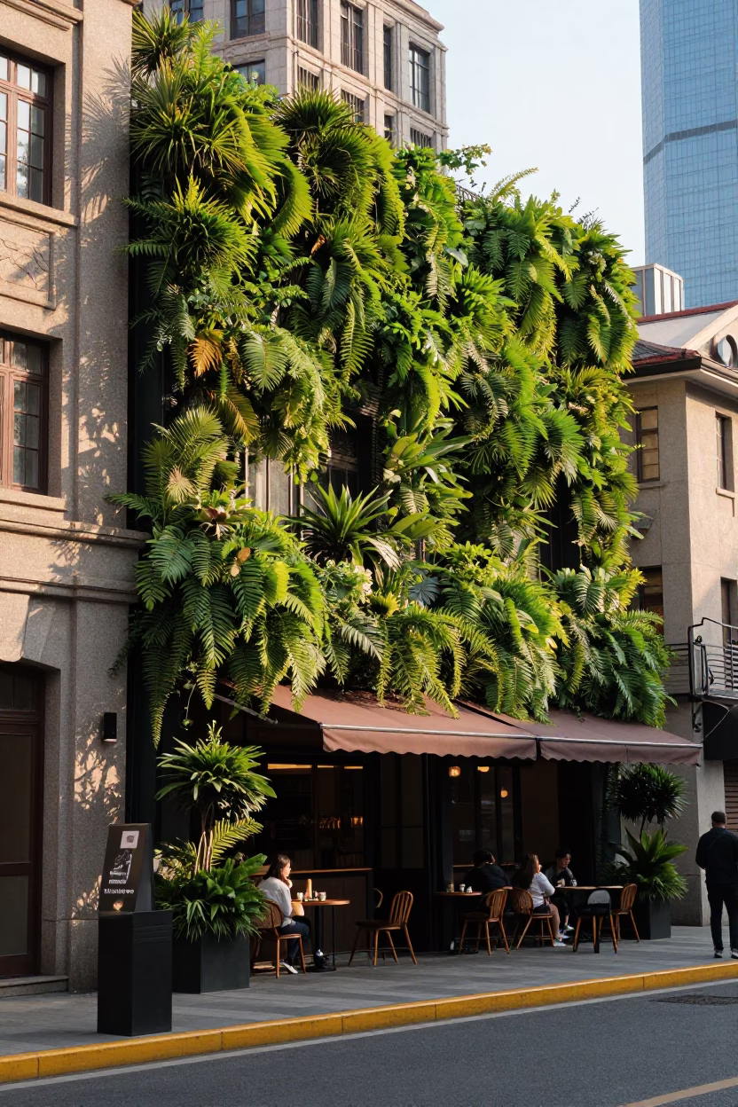 Late Afternoon Street Scene in Shanghai China with Living Wall and Vintage Tiffin Tin in in Shanghai, China