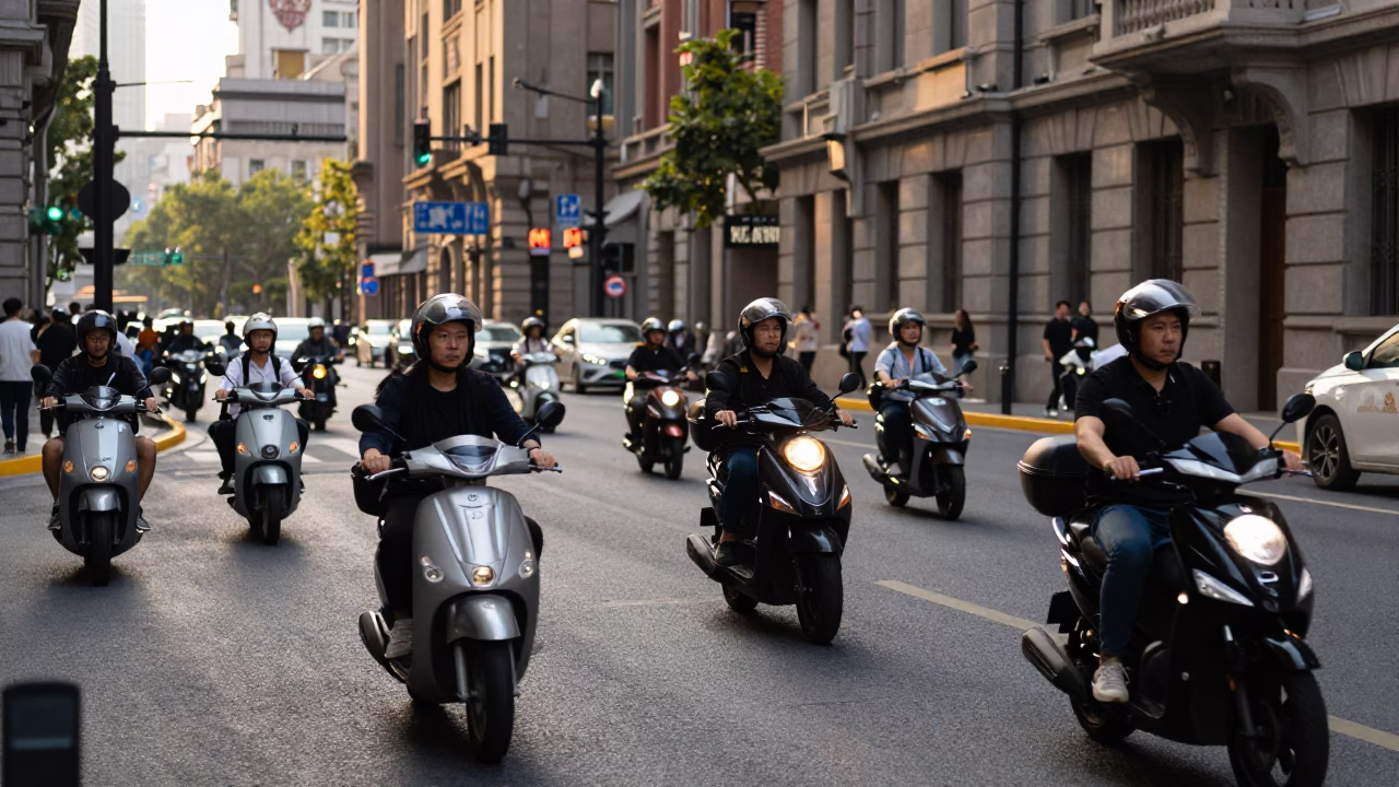 Late Afternoon Street Scene in Shanghai China with Motorcyclists and Urban Life in in Shanghai, China