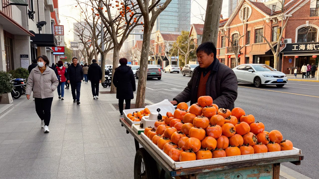 Late Afternoon Street Scene in Shanghai China with Persimmons and Urban Life in in Shanghai, China