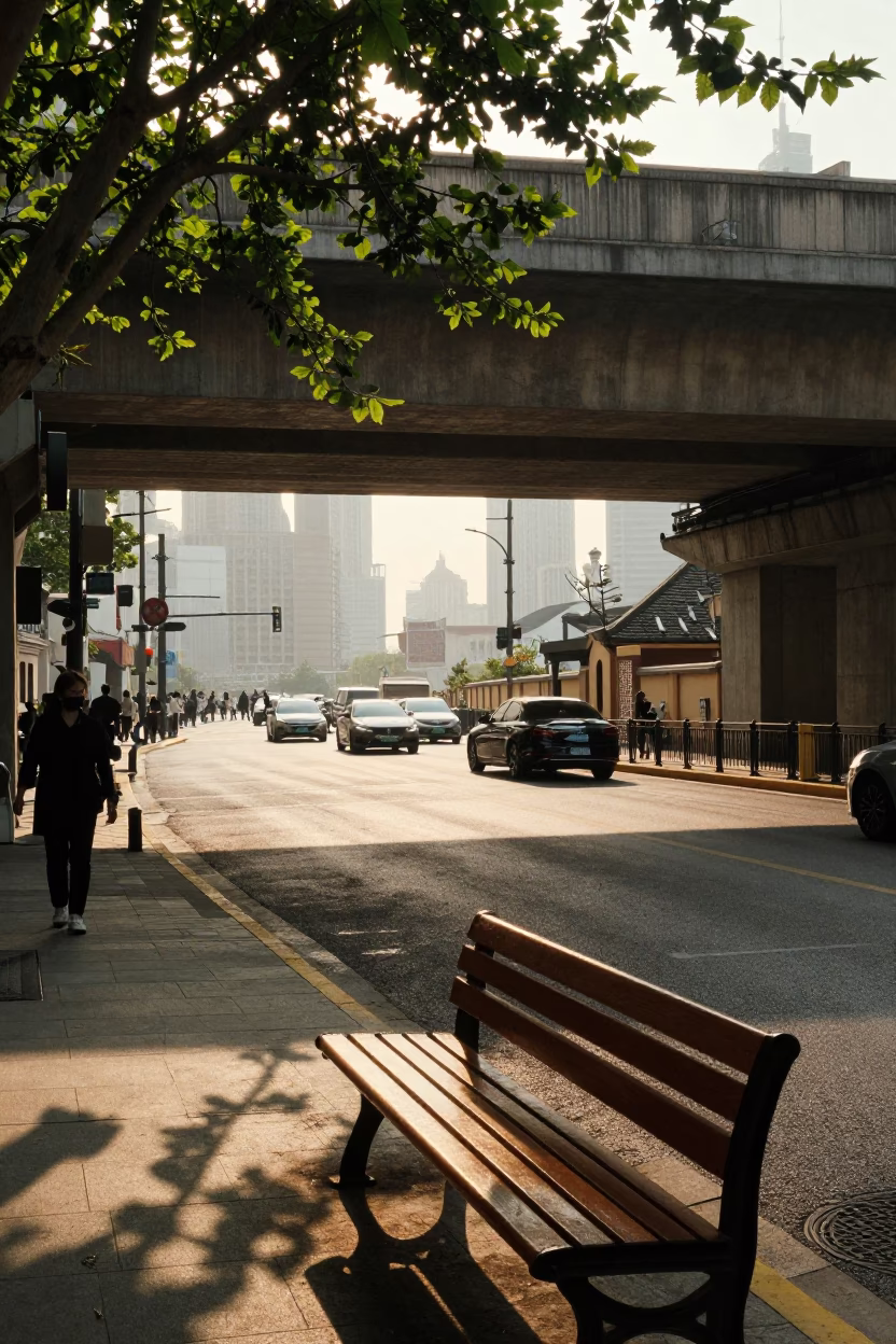 Late Afternoon Street Scene in Shanghai China with Railway Viaduct and Urban Activity in in Shanghai, China