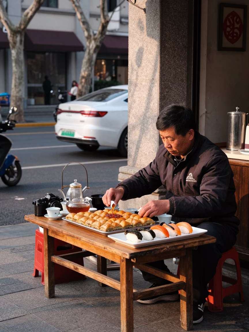 Late Afternoon Street Scene in Shanghai China with Traditional Tea Service in in Shanghai, China