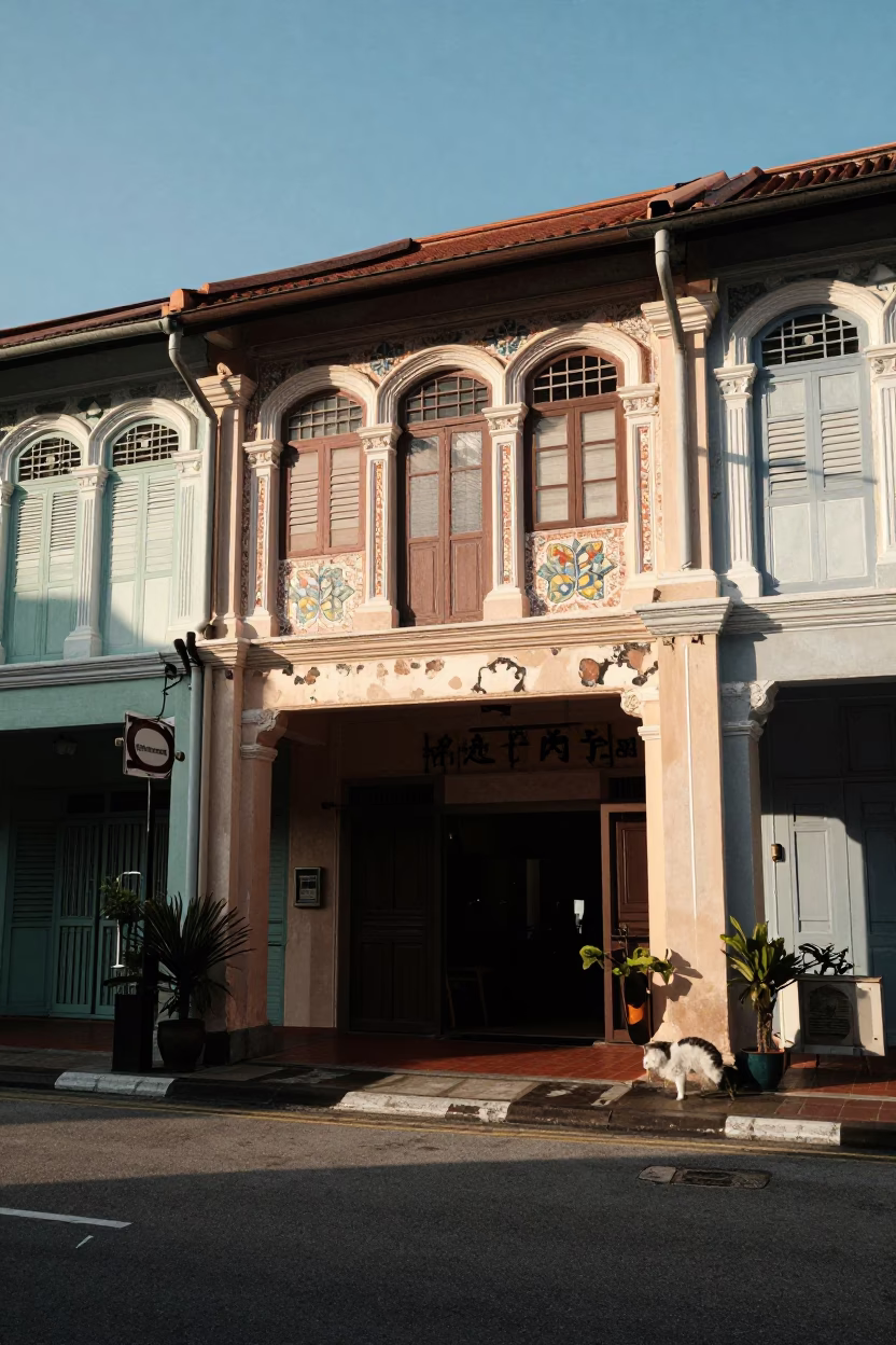 Late Afternoon Street Scene in Singapore Showing Traditional Shopfront and Daily Life in in Singapore, Singapore