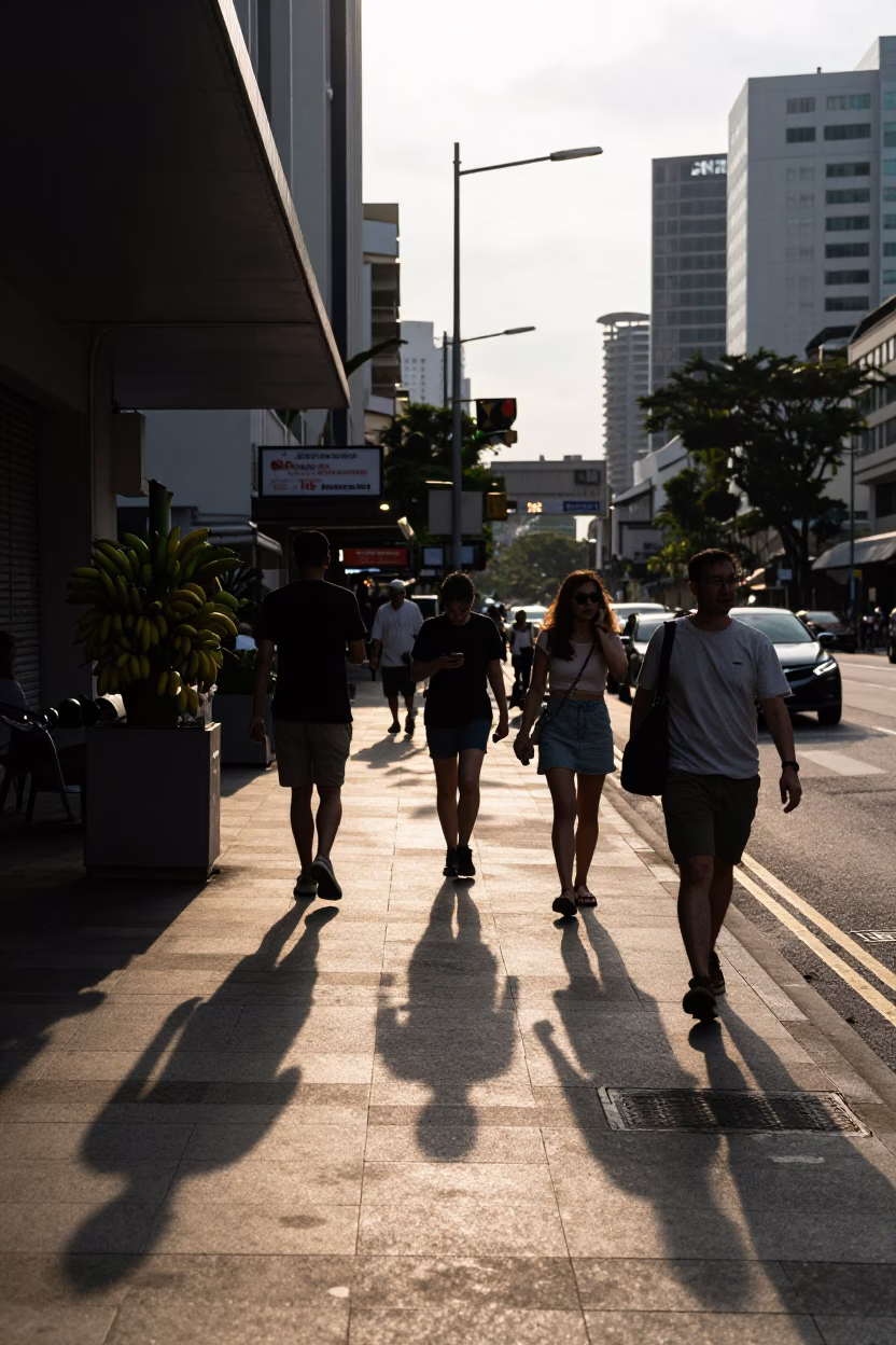 Late Afternoon Street Scene in Singapore with Bananas and Urban Infrastructure in in Singapore, Singapore