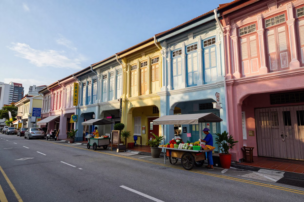 Late Afternoon Street Scene in Singapore with Colorful Shopfronts and Local Activity in in Singapore, Singapore