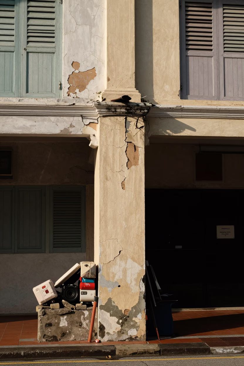 Late Afternoon Street Scene in Singapore with Cracked Stucco and Local Details in in Singapore, Singapore